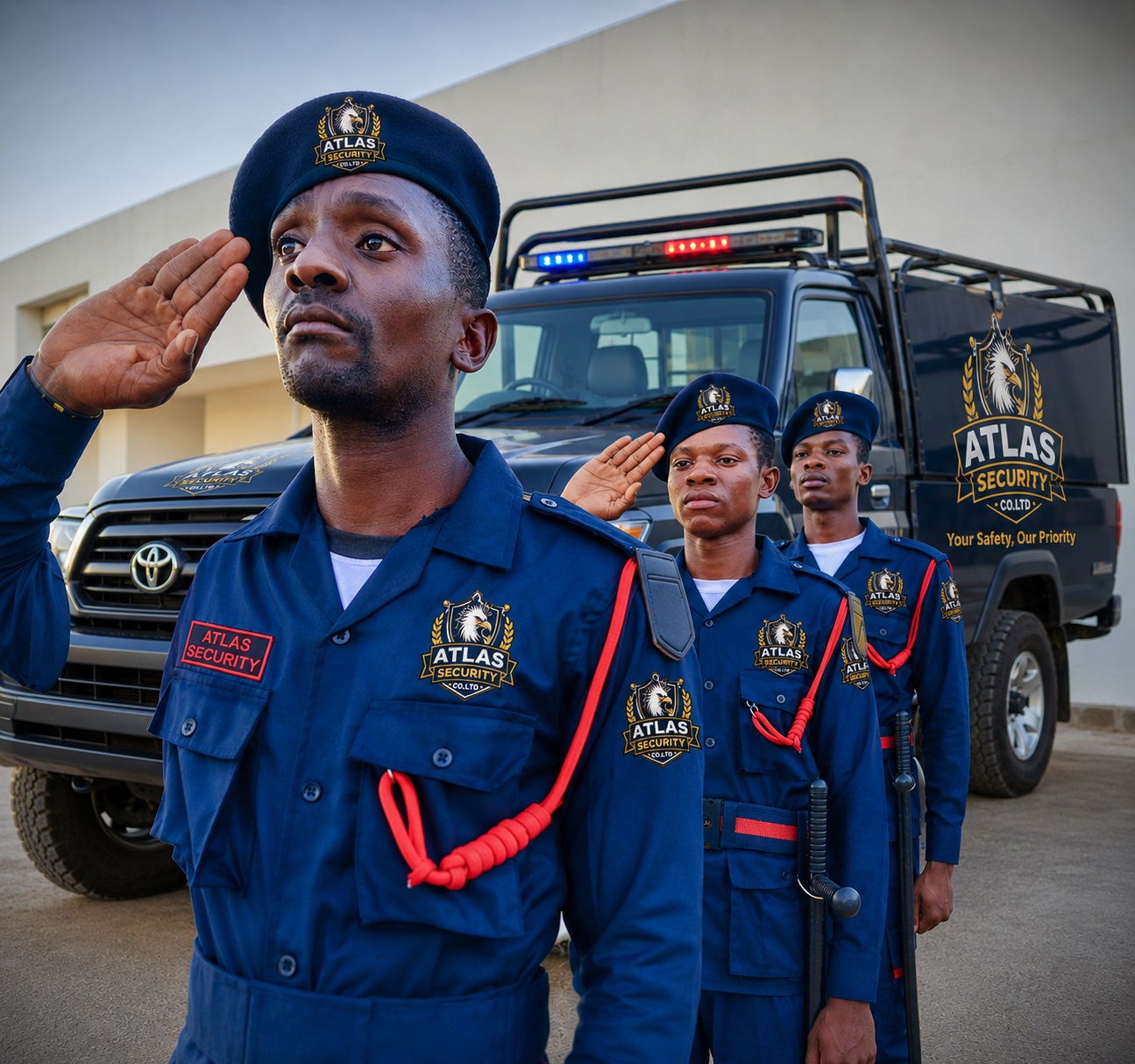 Atlas Security officers standing ready beside a patrol vehicle