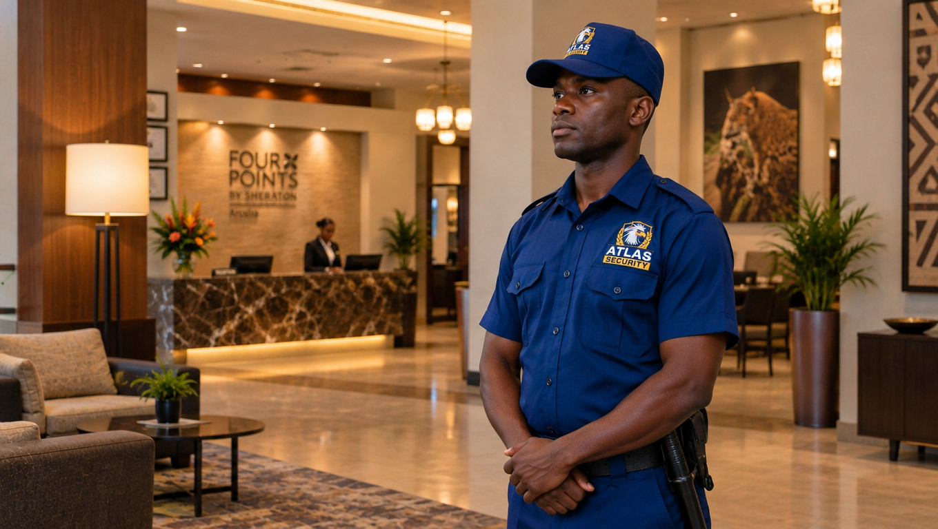 Security officer at a corporate entrance